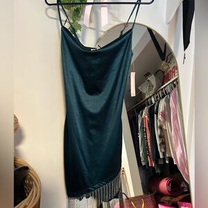 Green satin dress w fringe detail